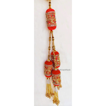 Velvet Fabric Bolster Tassels In Antique Gold Zardozi Embroidery, Rhinestones & Pearls, Indian Embellishment